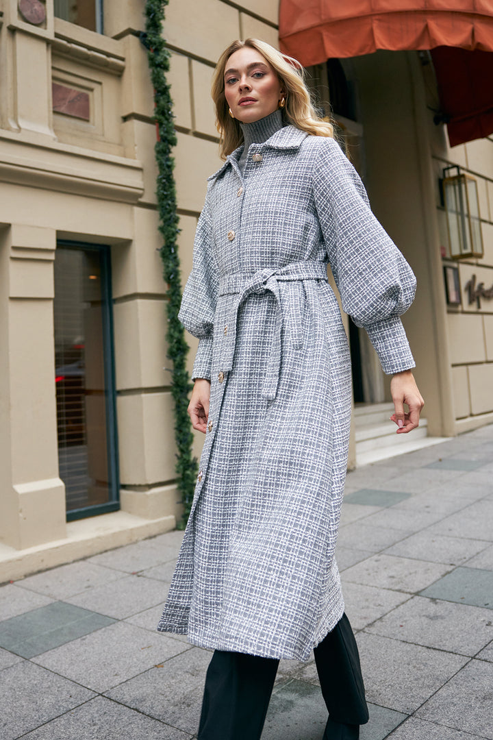 ZRF Women Balloon Sleeve Belted Coat - Grey - Fremont