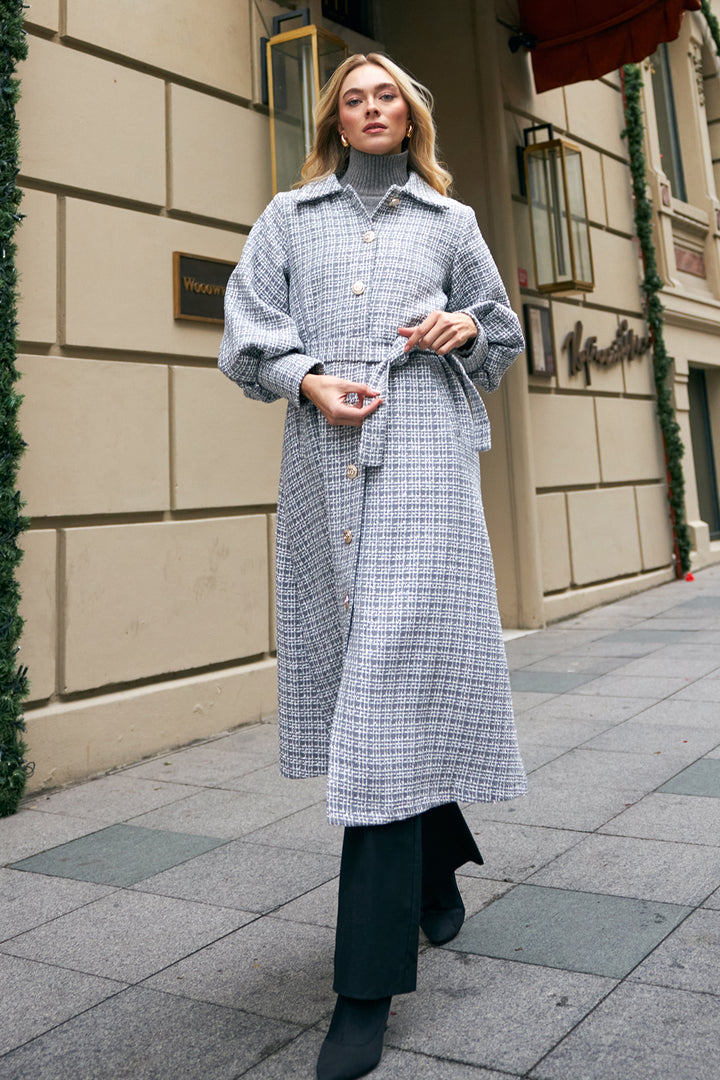 ZRF Women Balloon Sleeve Belted Coat - Grey - Fremont
