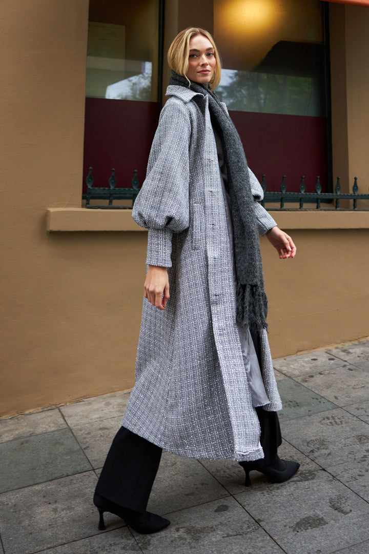 ZRF Women Balloon Sleeve Belted Coat - Grey - Fremont