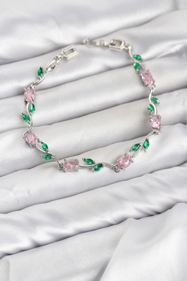 EBJ Pirinç Gümüş Renk Pembe Zirkon Taşlı Çiçek Model Kadın Bileklik - Gütersloh