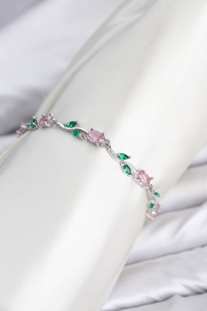 EBJ Pirinç Gümüş Renk Pembe Zirkon Taşlı Çiçek Model Kadın Bileklik - Gütersloh