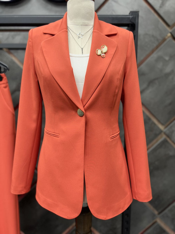 NDL Women Brooch Detail Gold Buttoned Satin Women's Suit Orange - Alcoy