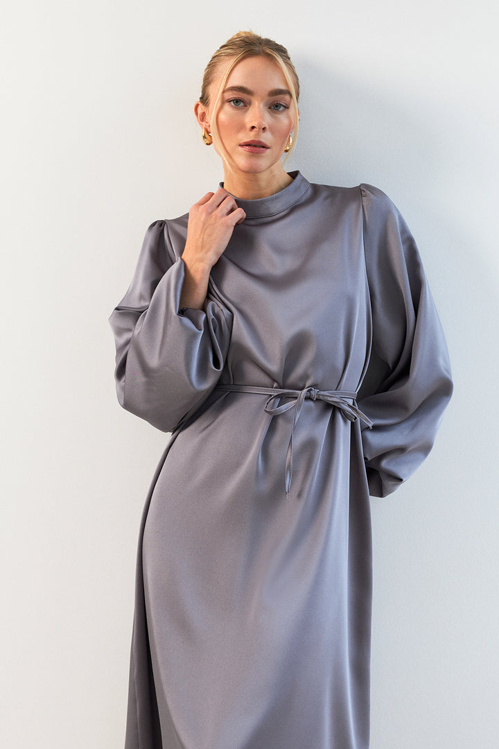 ZRF Women Balloon Sleeve Satin Evening Dress - Gray - Conroe