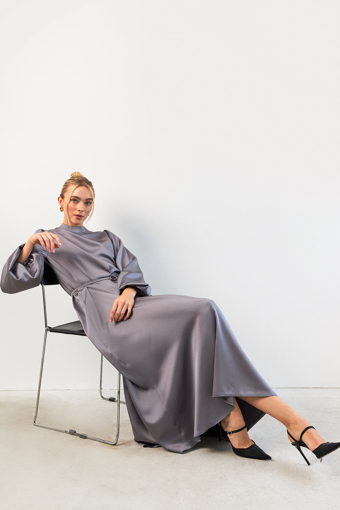 ZRF Women Balloon Sleeve Satin Evening Dress - Gray - Conroe