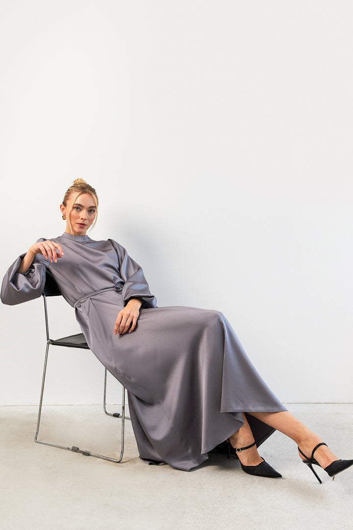 ZRF Women Balloon Sleeve Satin Evening Dress - Gray - Conroe