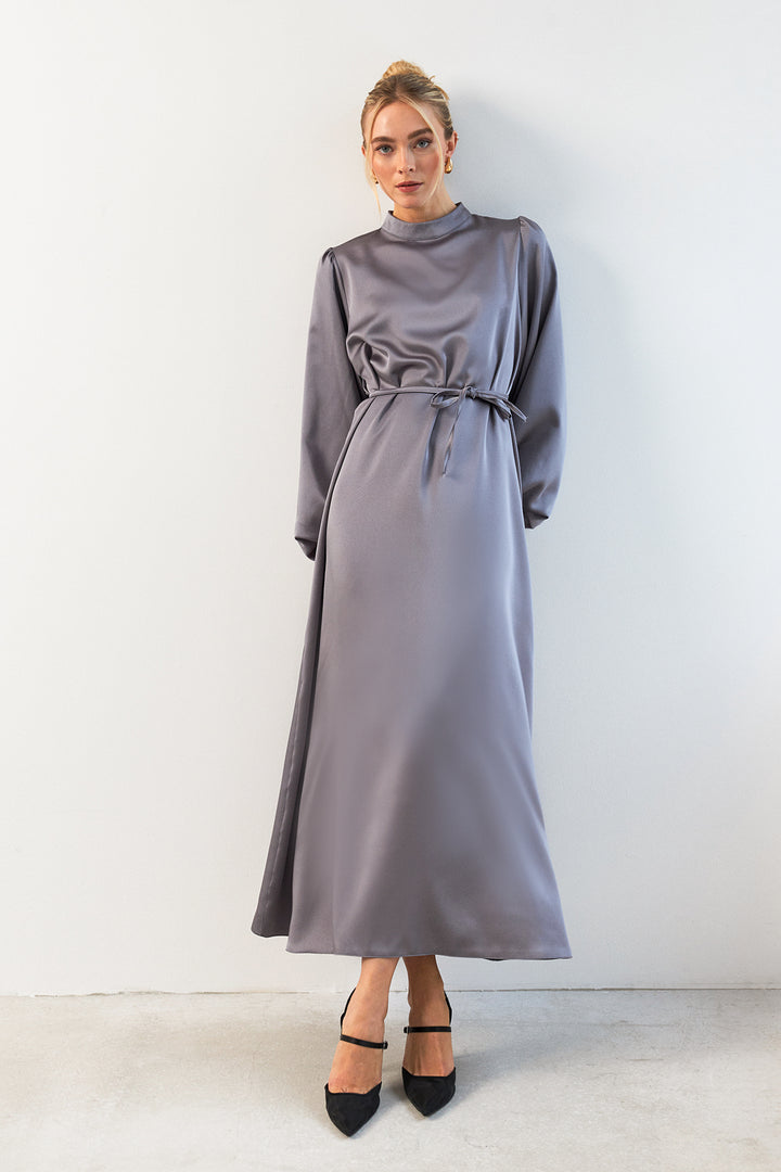 ZRF Women Balloon Sleeve Satin Evening Dress - Gray - Conroe