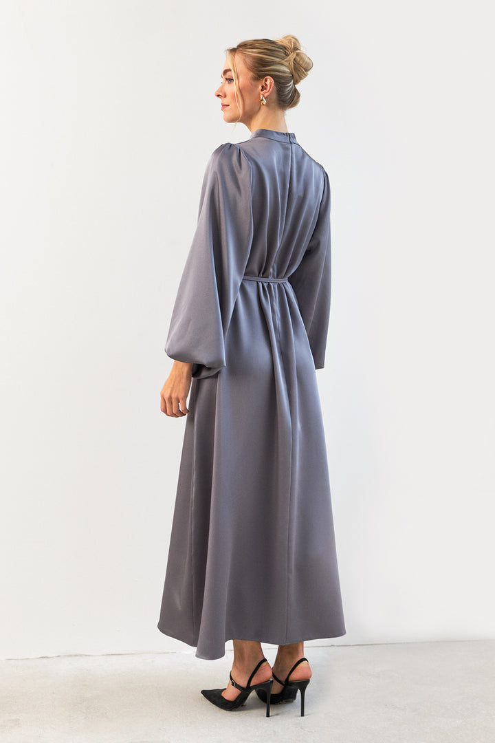 ZRF Women Balloon Sleeve Satin Evening Dress - Gray - Conroe