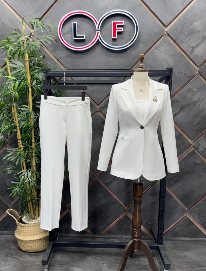 NDL Women Brooch Detail Gold Buttoned Satin Women's Suit White - Baranavichy