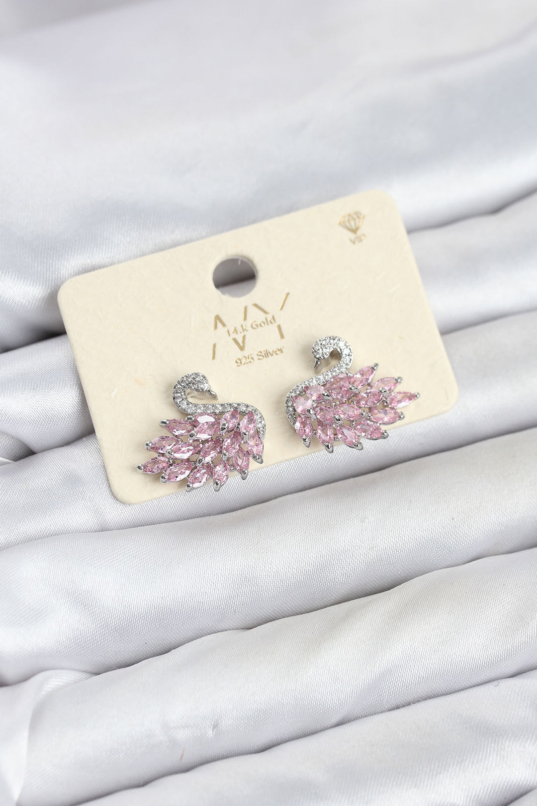 EBJ Pembe Zirkon Taşlı Gümüş Swan Kuğu Model Kadın Küpe - Eboli