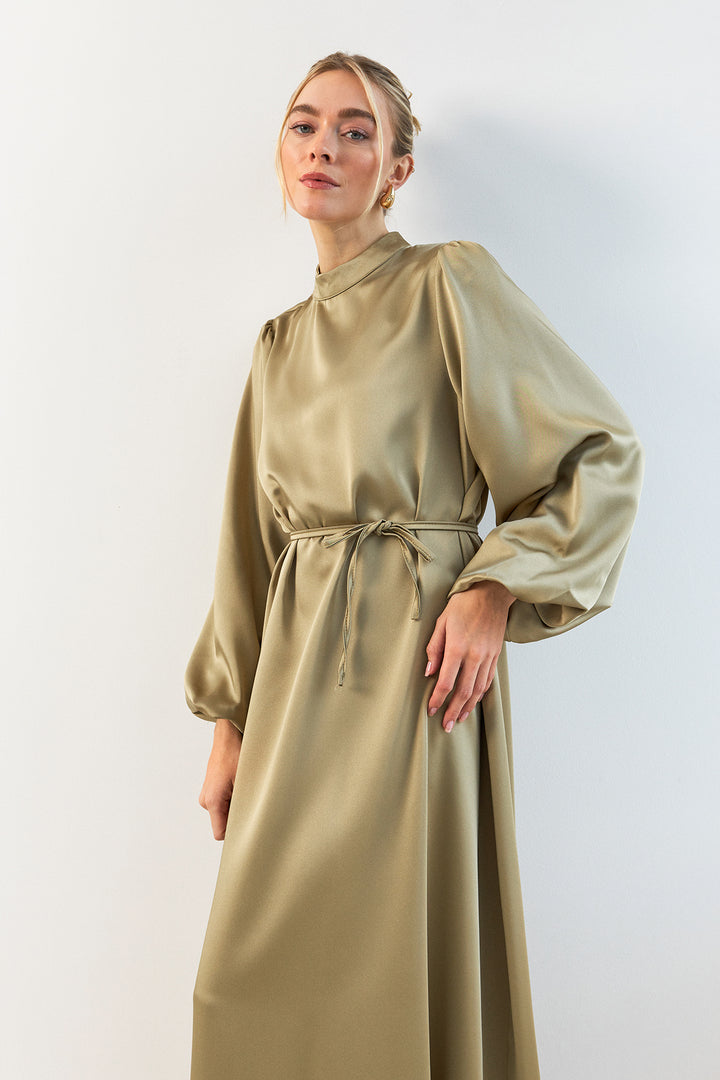 ZRF Women Balloon Sleeve Satin Evening Dress - Sage Green - Temple