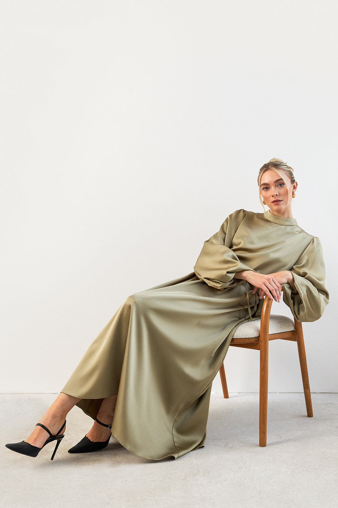 ZRF Women Balloon Sleeve Satin Evening Dress - Sage Green - Temple