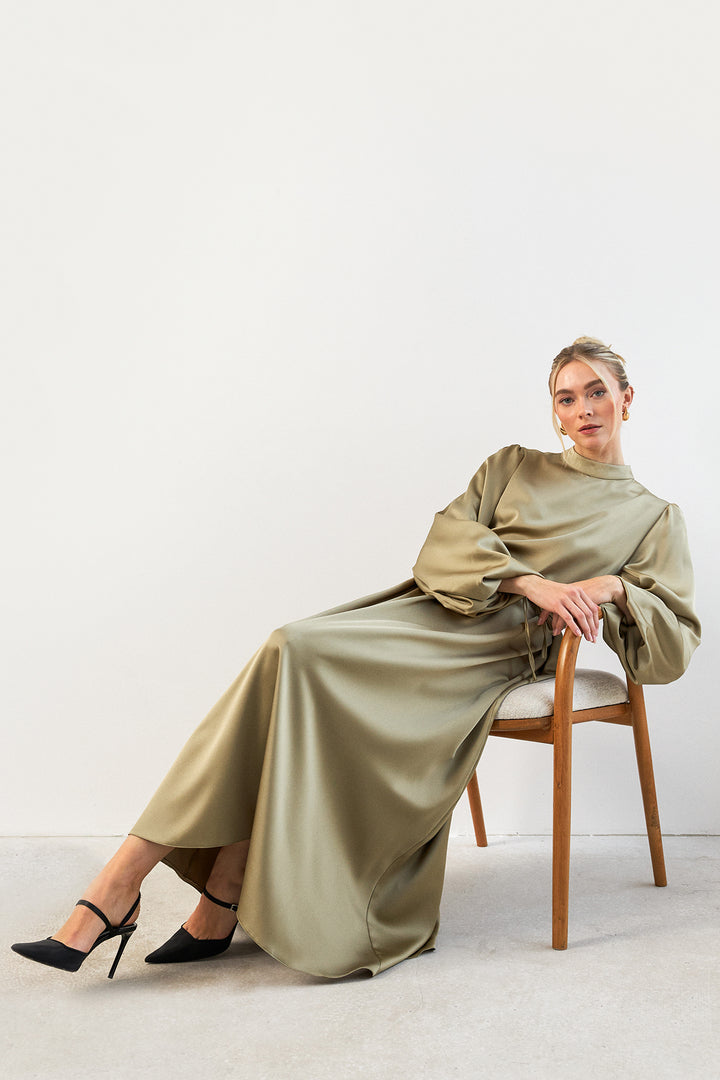ZRF Women Balloon Sleeve Satin Evening Dress - Sage Green - Temple