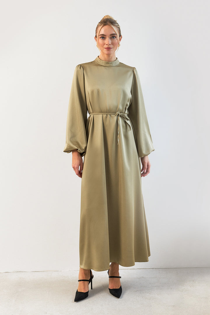 ZRF Women Balloon Sleeve Satin Evening Dress - Sage Green - Temple
