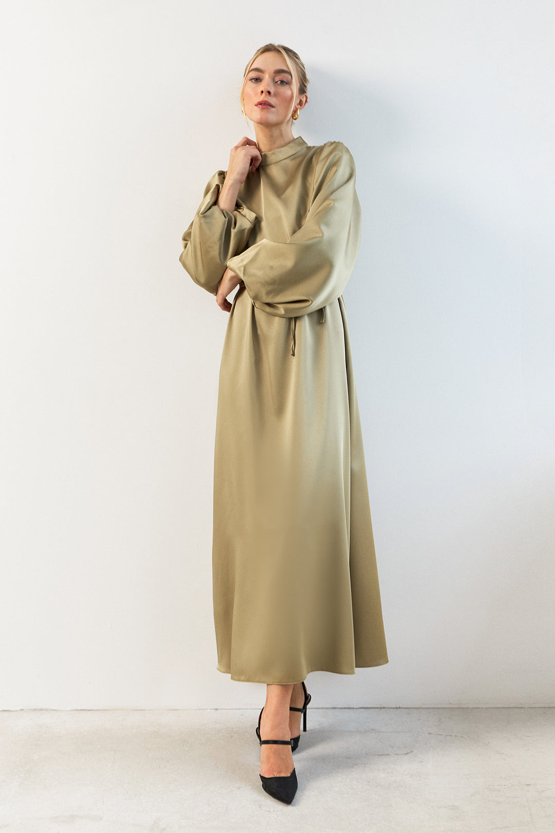ZRF Women Balloon Sleeve Satin Evening Dress - Sage Green - Temple