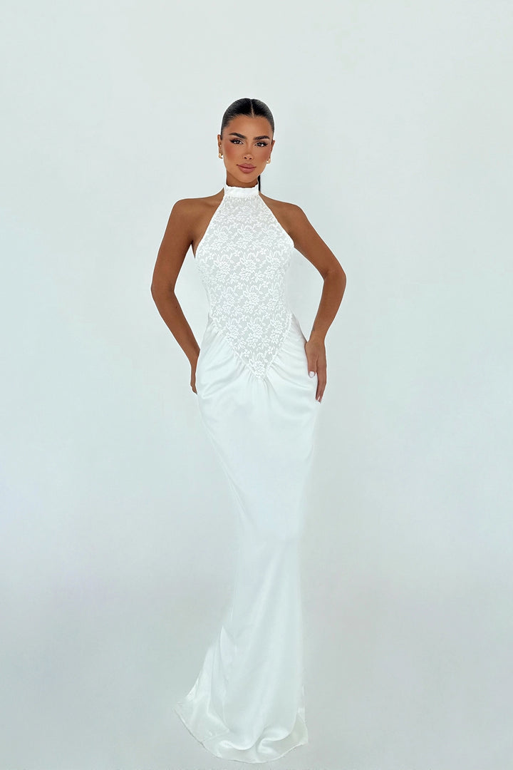 EYY Women White Marlo Lace Detailed Satin Dress - León de los Aldama