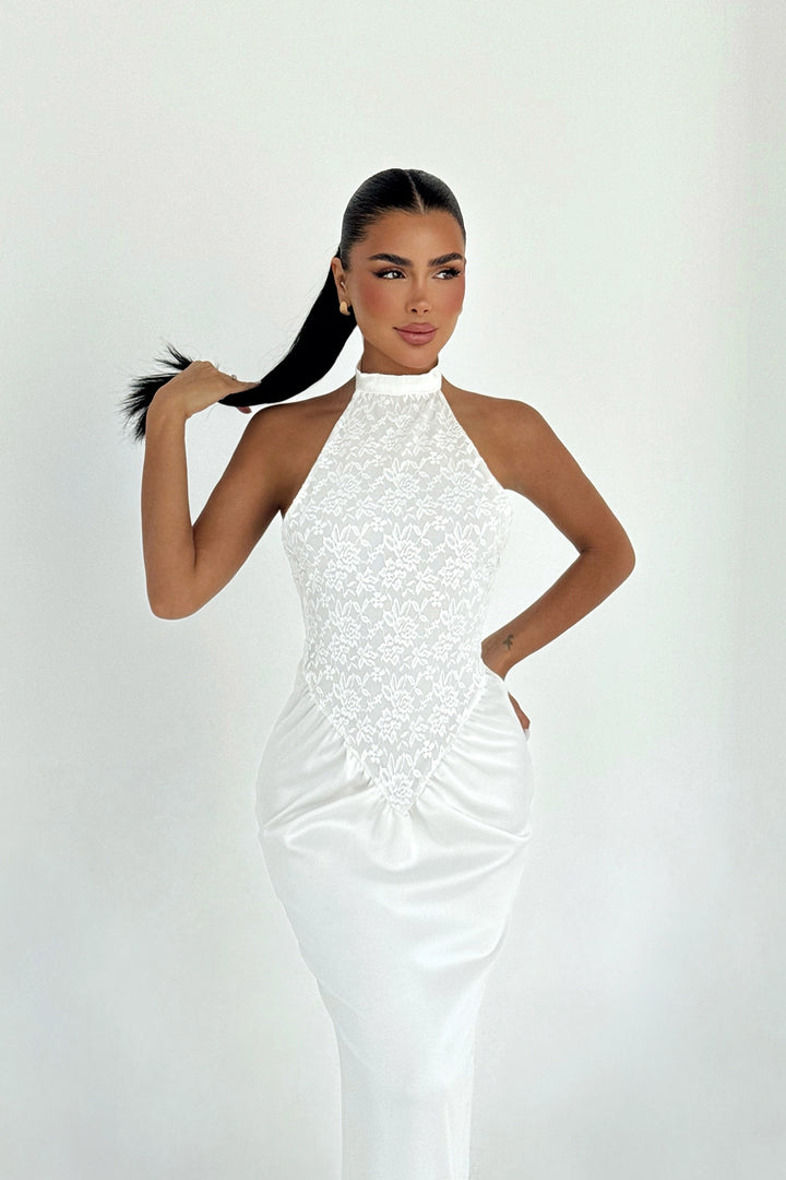 EYY Women White Marlo Lace Detailed Satin Dress - León de los Aldama