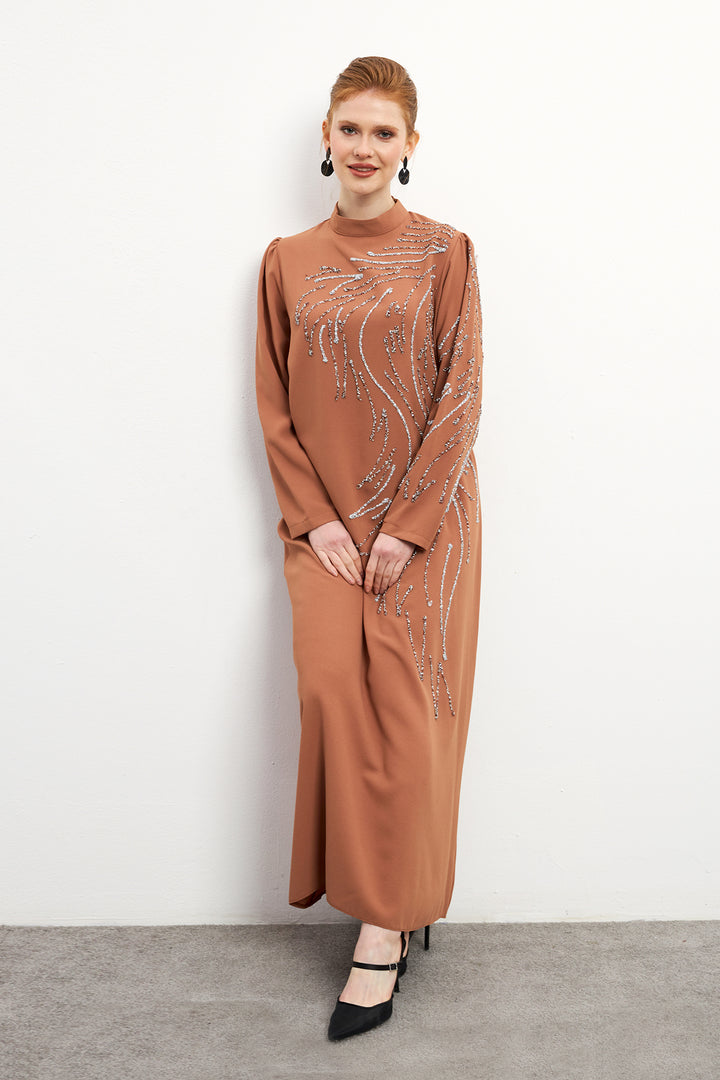 ZRF Women Zeren Stone-Embroidered Evening Dress - Camel - El Pueblito