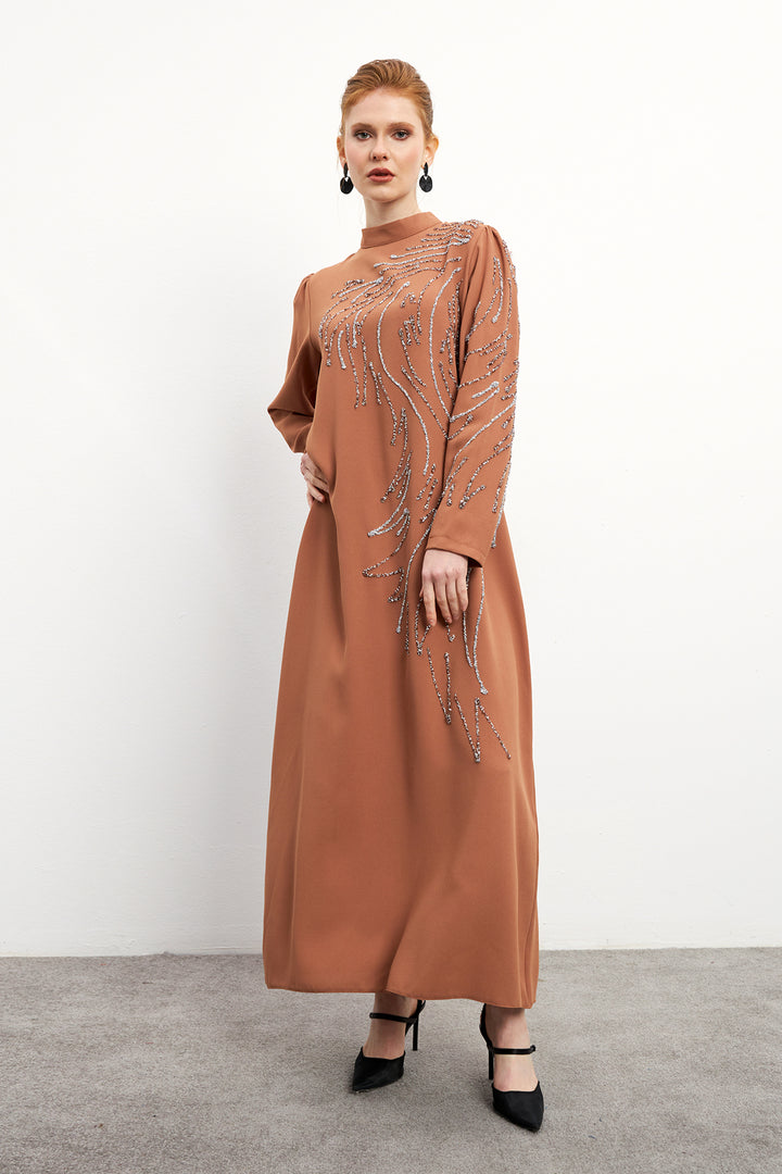 ZRF Women Zeren Stone-Embroidered Evening Dress - Camel - El Pueblito