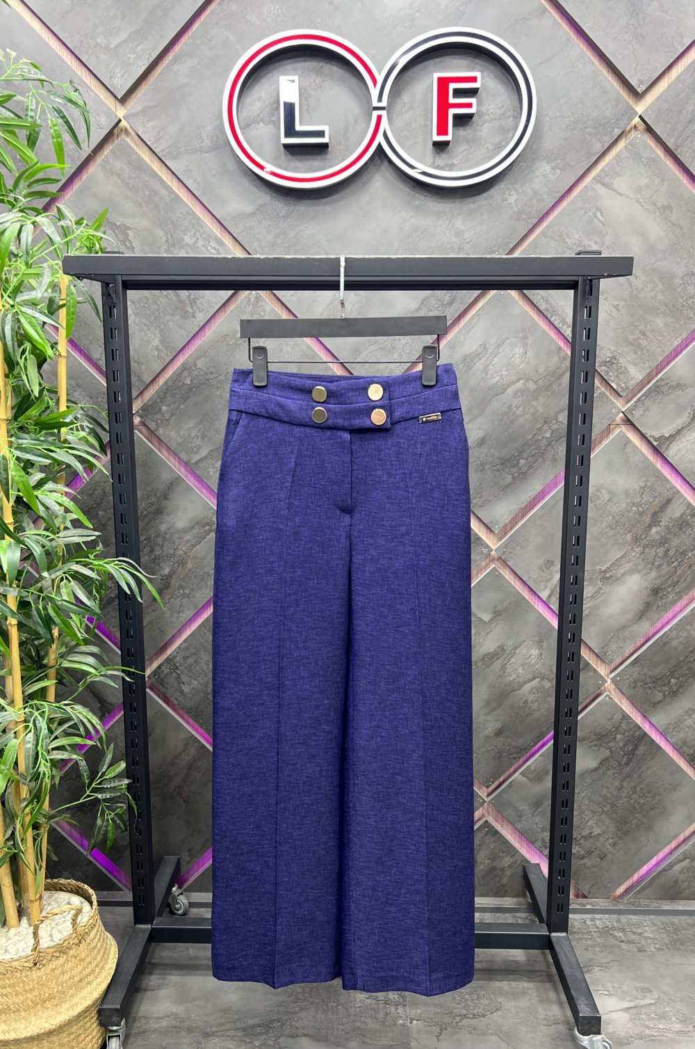 NDL Women Navy Blue Wide Leg Pants with 4 Buttons - Lancaster