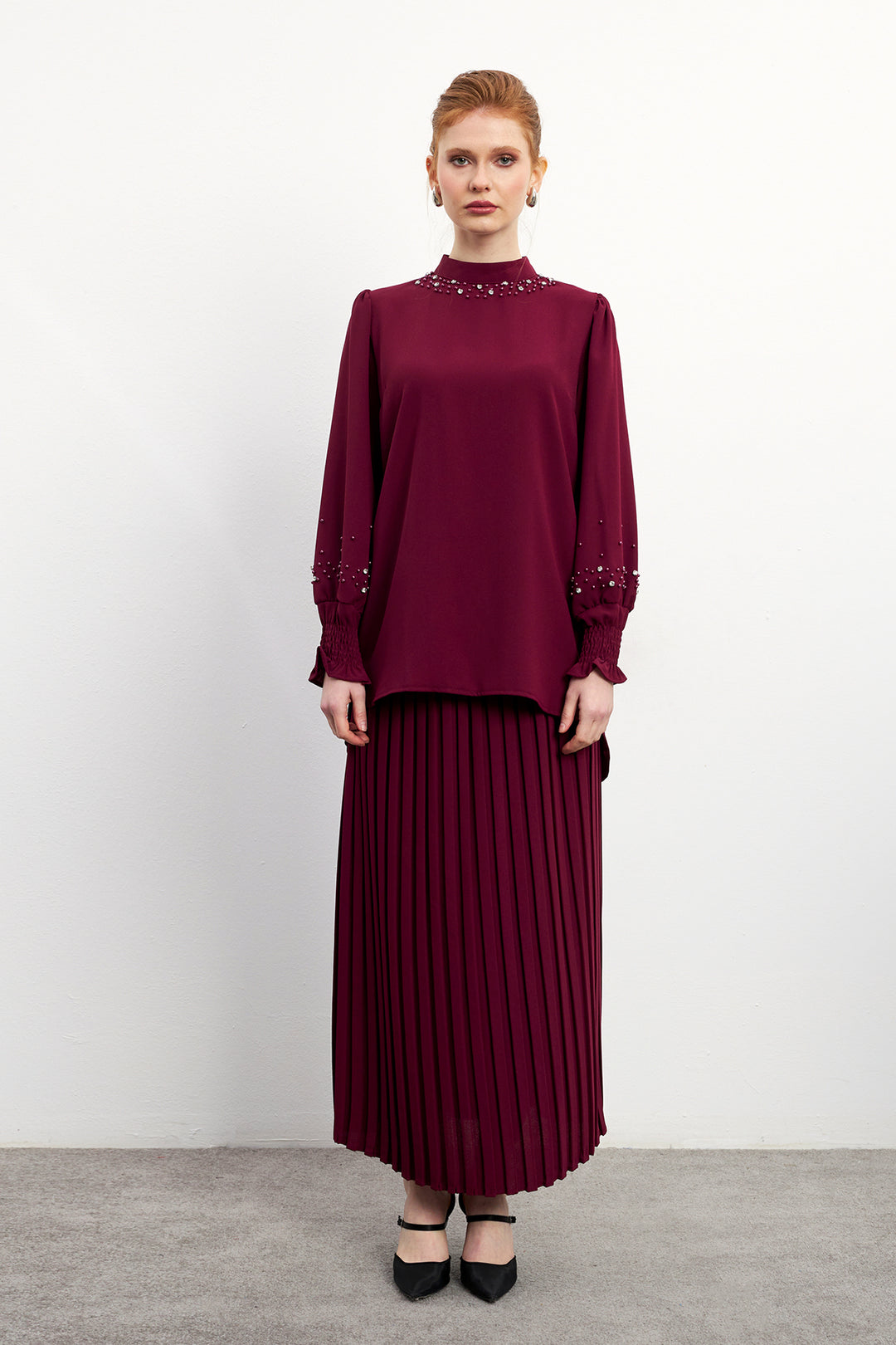 ZRF Women Valeria Skirt and Blouse Set - Burgundy - Boca Raton