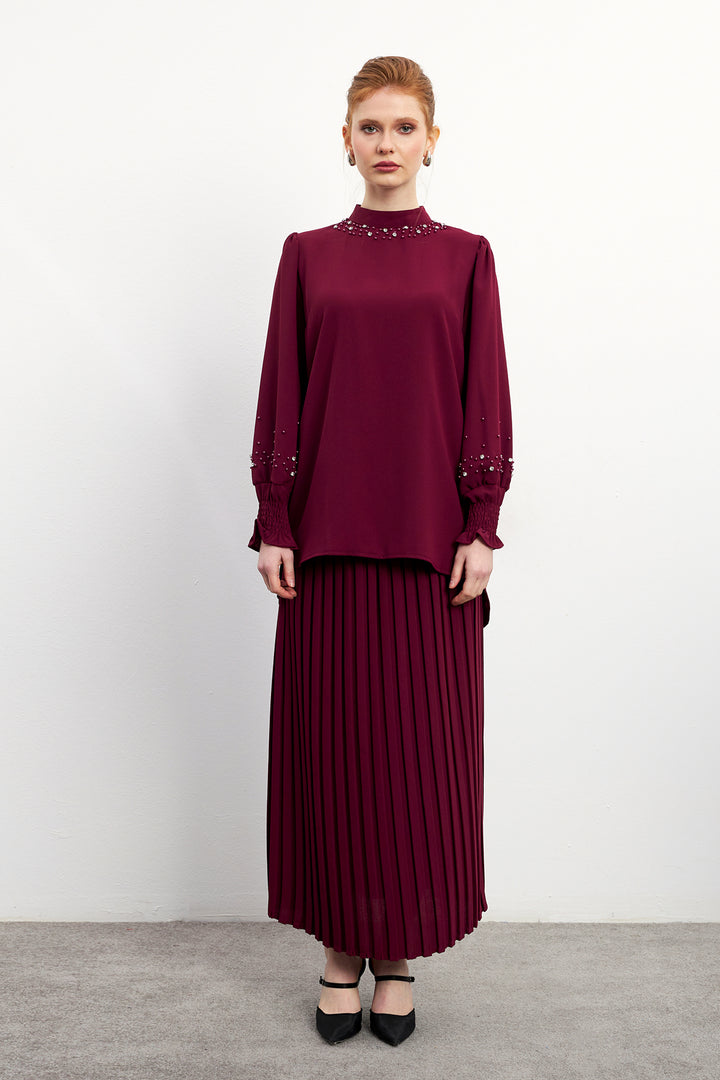 ZRF Women Valeria Skirt and Blouse Set - Burgundy - Boca Raton