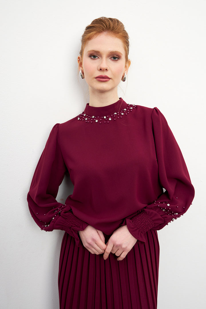 ZRF Women Valeria Skirt and Blouse Set - Burgundy - Boca Raton