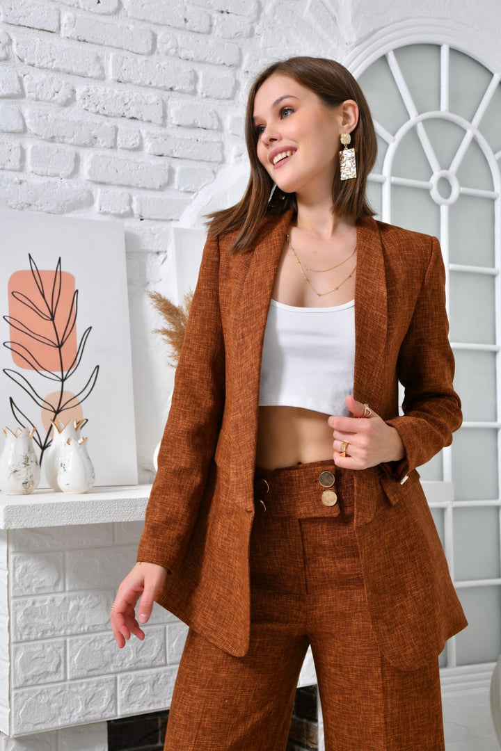 NDL Women Women's Suit with Smoking Jacket and Loose Pants 4 Button Cinnamon - Kiel