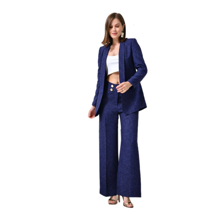NDL Women Navy Blue Women's Suit with Smoking Jacket and Loose Pants with 4 Buttons - Schoten