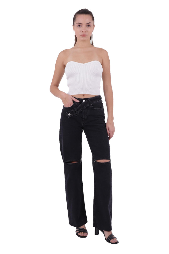 XLJ Palazzo Jeans مع حزام إضافي وفتحة على الركبتين مختلط - هندرسون