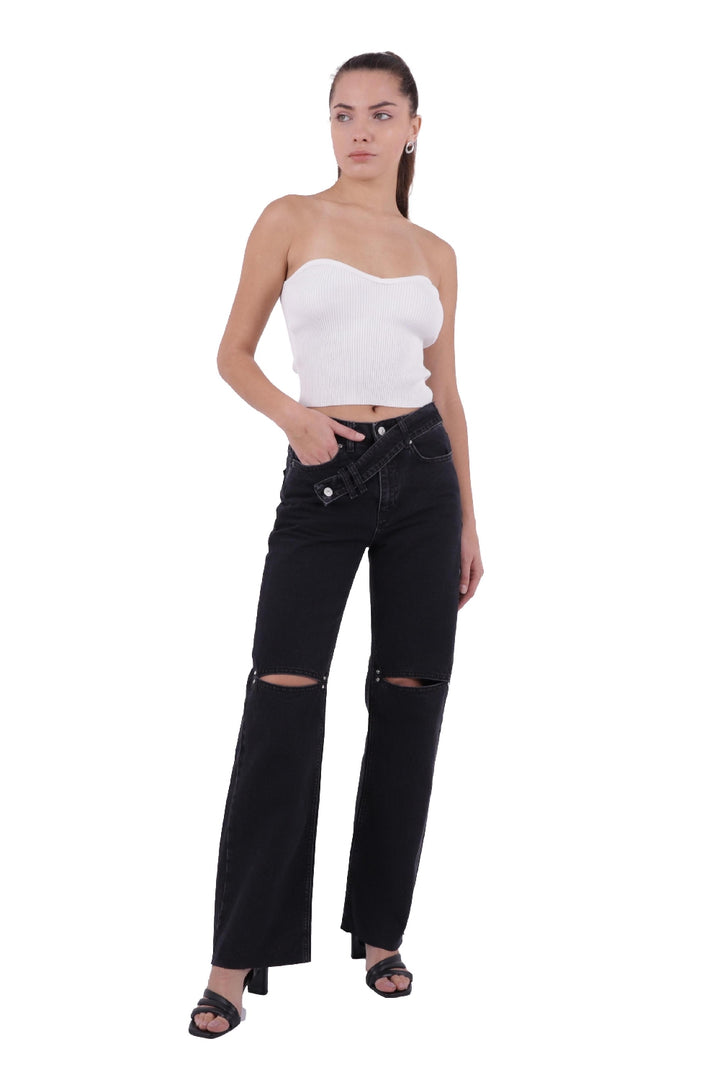 XLJ Palazzo Jeans مع حزام إضافي وفتحة على الركبتين مختلط - هندرسون