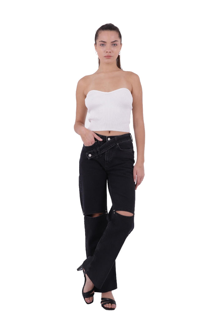 XLJ Palazzo Jeans مع حزام إضافي وفتحة على الركبتين مختلط - هندرسون