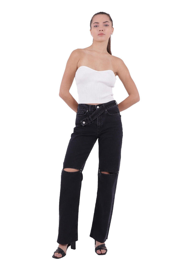 XLJ Palazzo Jeans مع حزام إضافي وفتحة على الركبتين مختلط - هندرسون