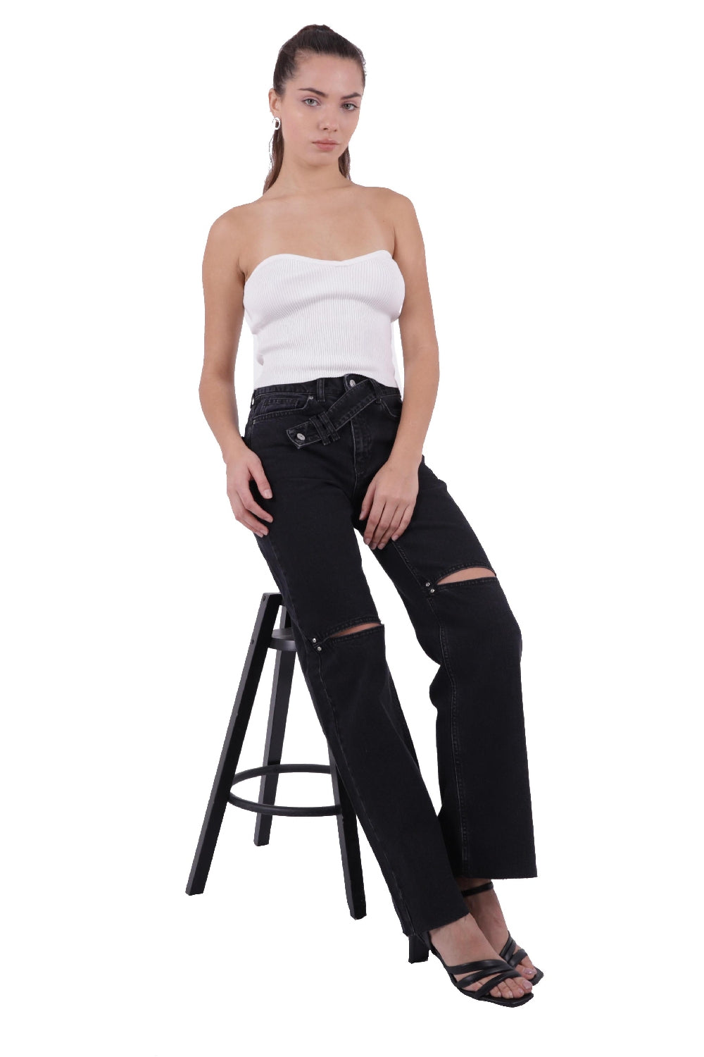 XLJ Palazzo Jeans مع حزام إضافي وفتحة على الركبتين مختلط - هندرسون
