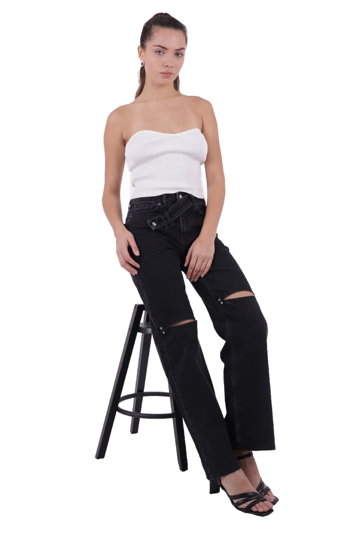 XLJ Palazzo Jeans مع حزام إضافي وفتحة على الركبتين مختلط - هندرسون