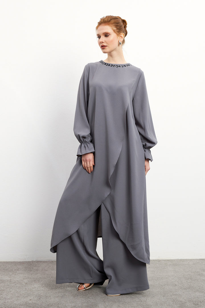 ZRF Women Asymmetric Cut Tunic Pants Suit - Gray - Goshen