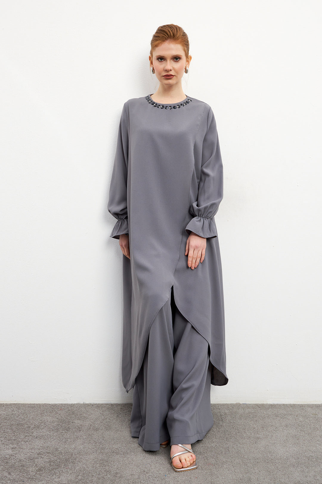 ZRF Women Asymmetric Cut Tunic Pants Suit - Gray - Goshen