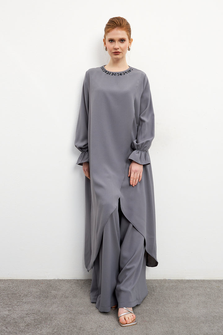ZRF Women Asymmetric Cut Tunic Pants Suit - Gray - Goshen