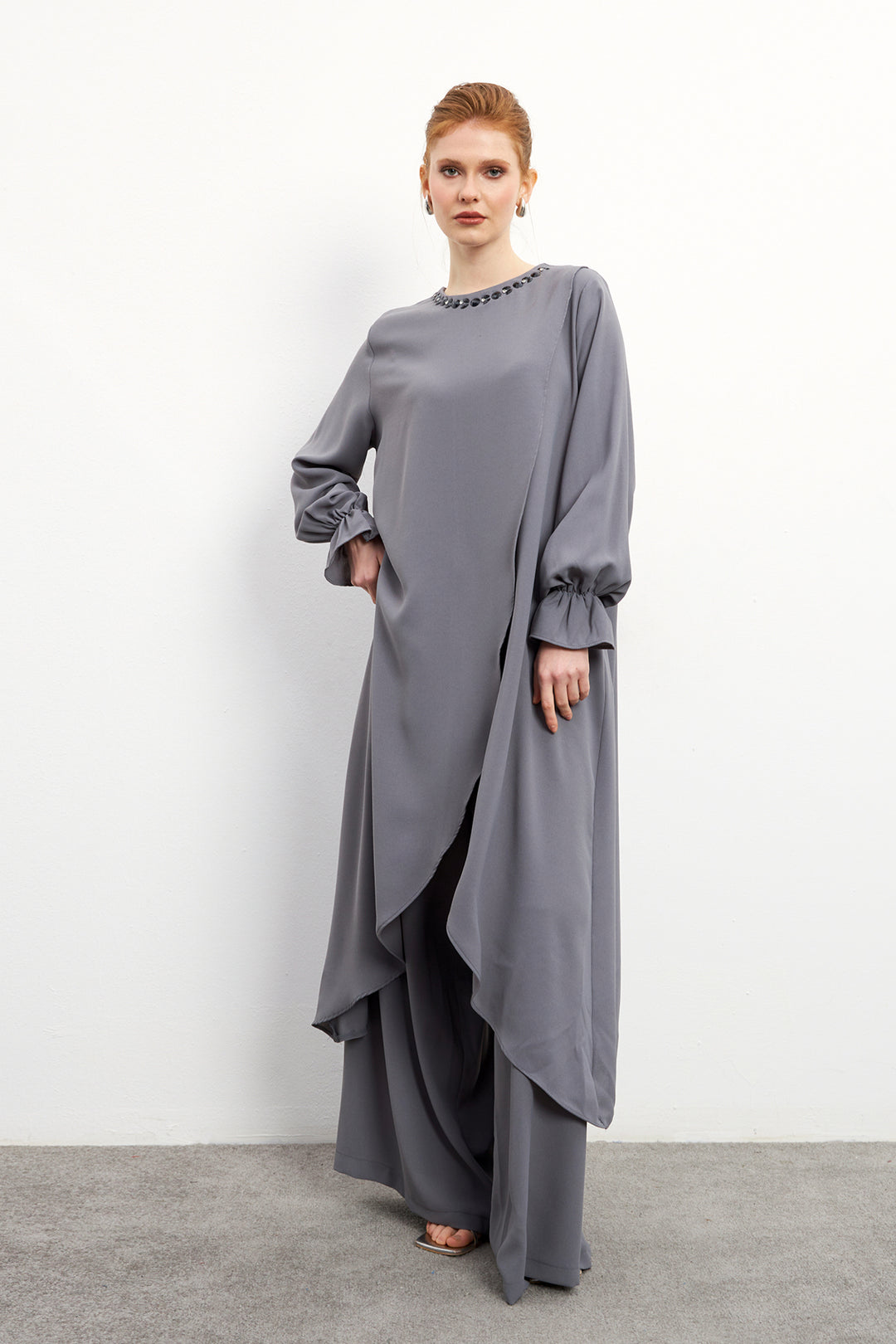ZRF Women Asymmetric Cut Tunic Pants Suit - Gray - Goshen