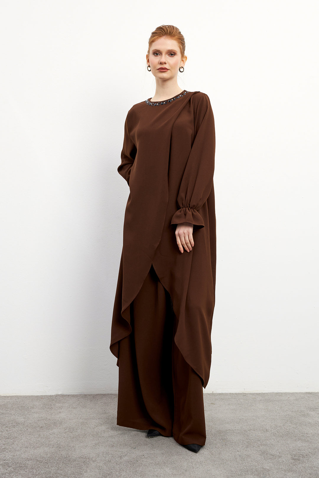 ZRF Women Asymmetric Cut Tunic Pants Suit - Brown - Sevran