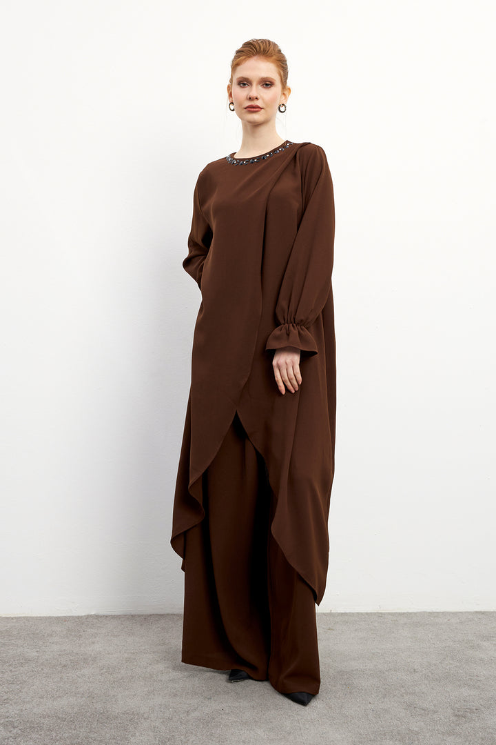 ZRF Women Asymmetric Cut Tunic Pants Suit - Brown - Sevran