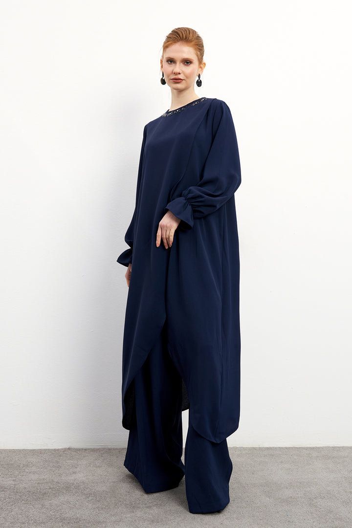 ZRF Women Asymmetric Cut Tunic Pants Suit - Navy Blue - Peristéri