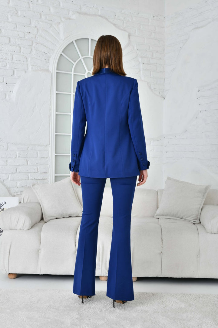 NDL Women Navy Blue Women's Suit with Satin Collar Brooch - Piraeus