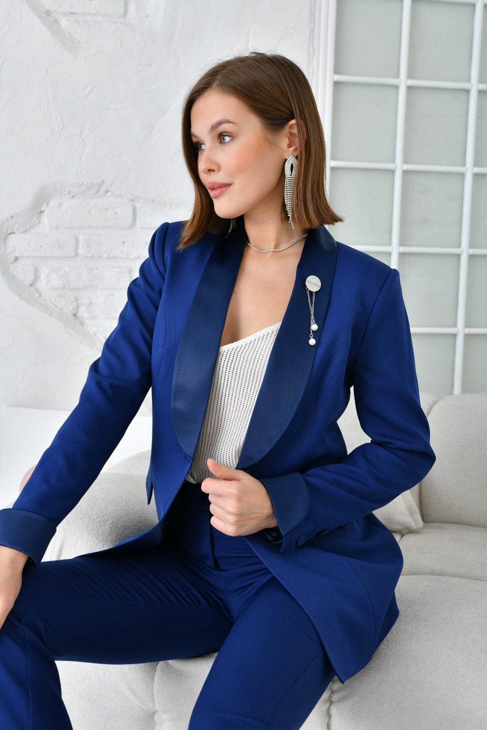 NDL Women Navy Blue Women's Suit with Satin Collar Brooch - Piraeus