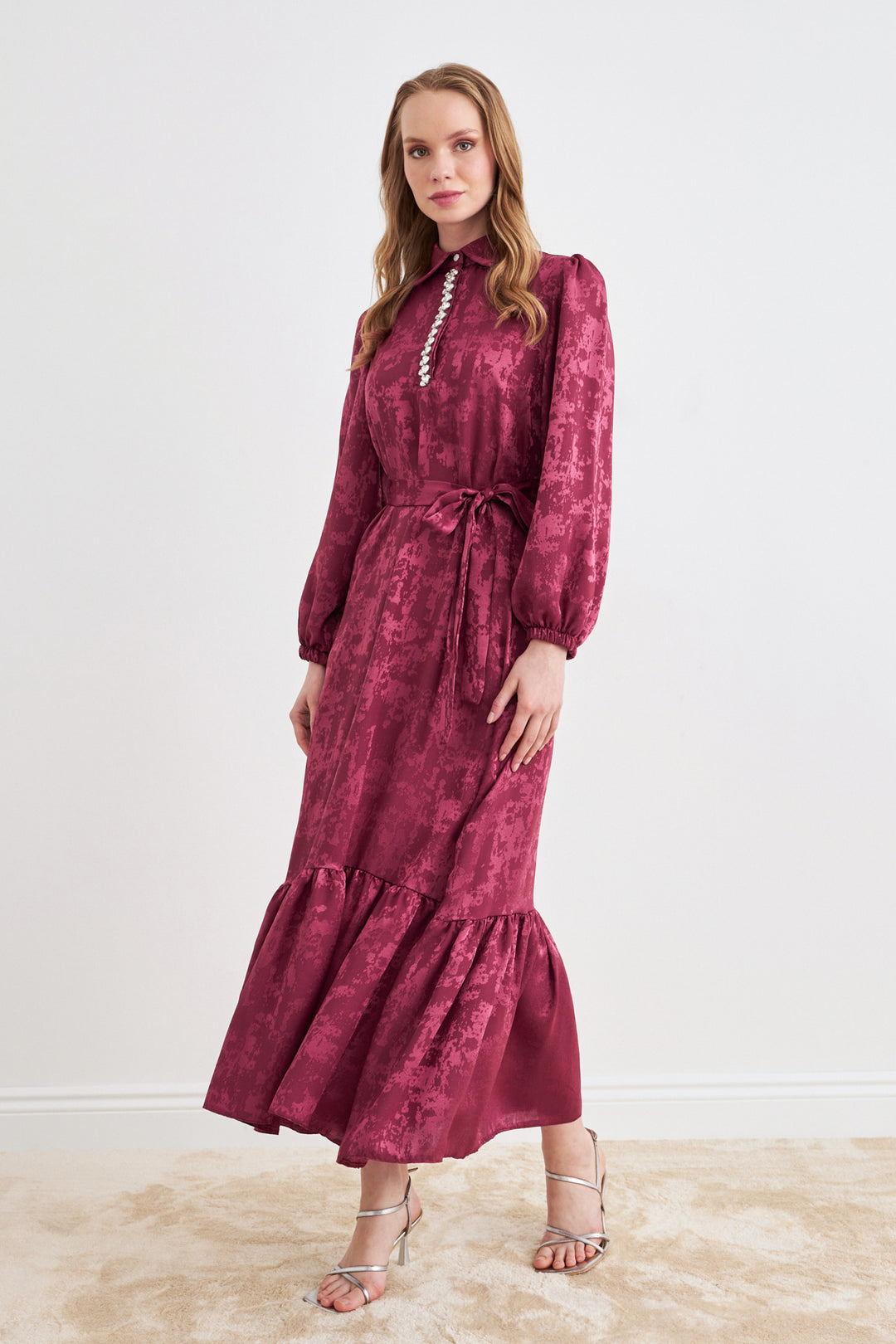 ZRF Women Mayra Stone-Embellished Jacquard Dress - Burgundy - Novato