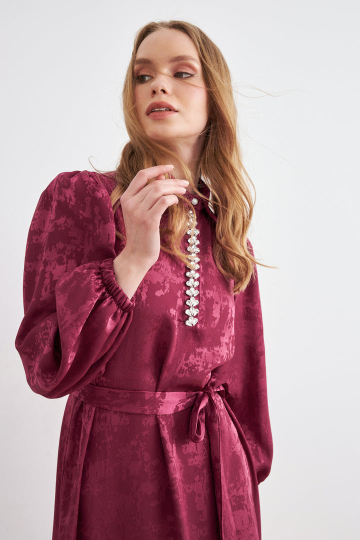 ZRF Women Mayra Stone-Embellished Jacquard Dress - Burgundy - Novato