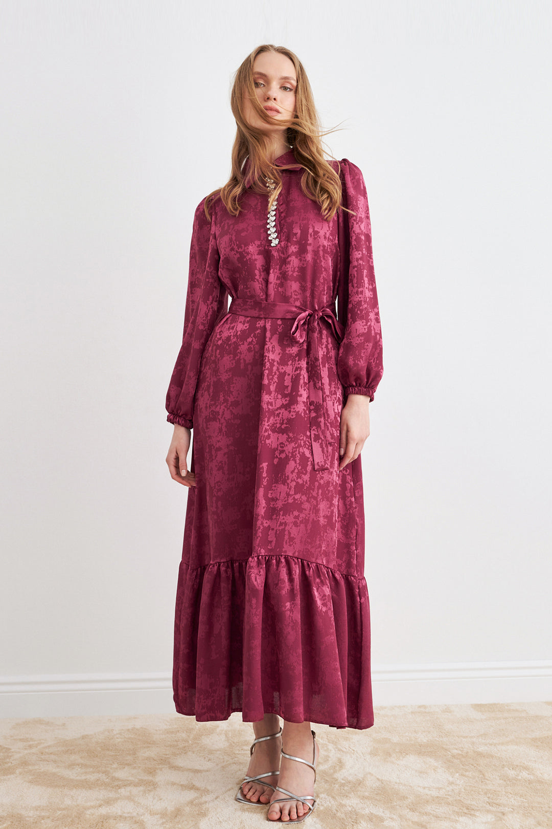 ZRF Women Mayra Stone-Embellished Jacquard Dress - Burgundy - Novato