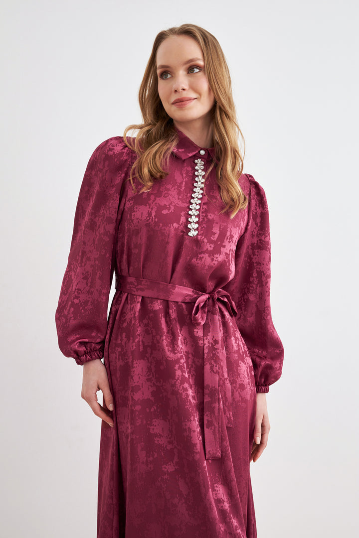 ZRF Women Mayra Stone-Embellished Jacquard Dress - Burgundy - Novato