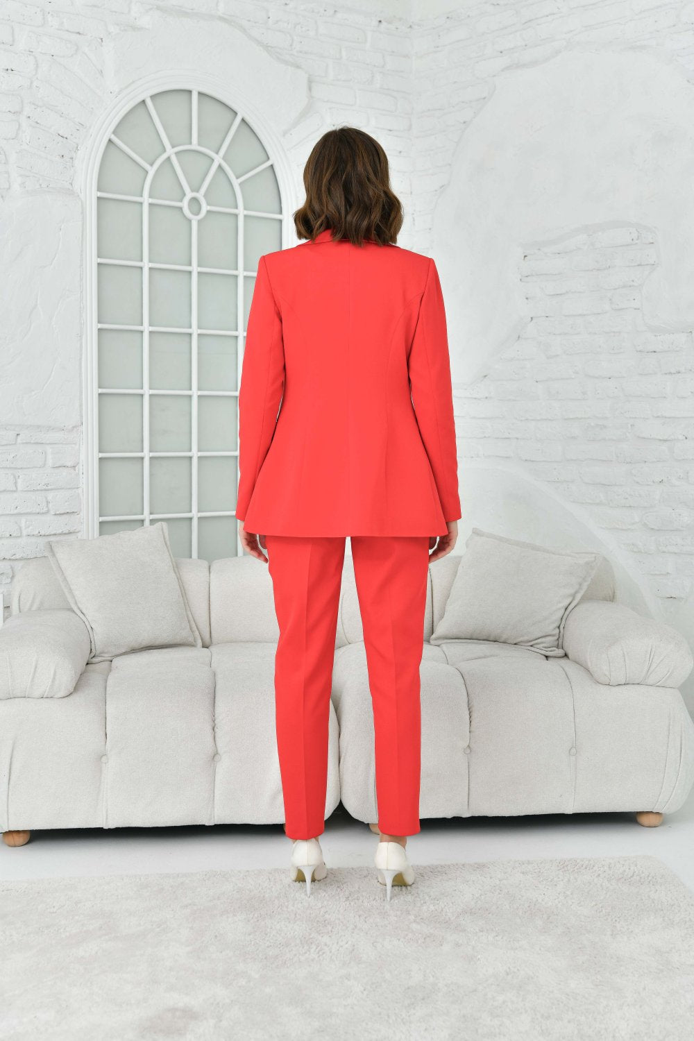 NDL Women Red Women's Suit with Pleated Collar Accessory - Sunnyvale