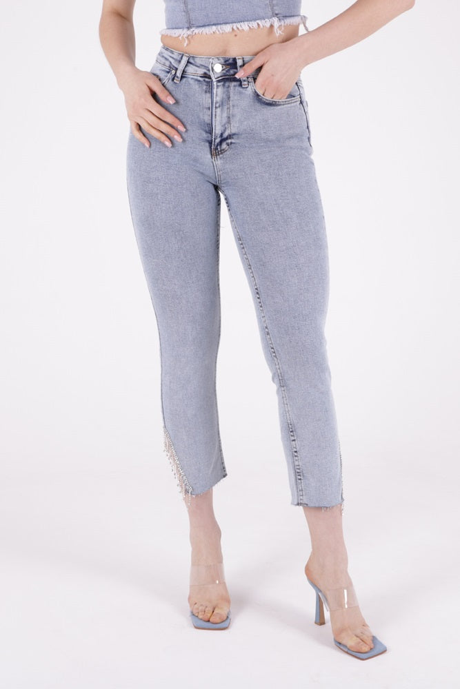 XLJ High Waisted Mom Jean with Rhinestones on Leg Hems Sides Mixed - Oyster Bay