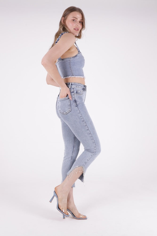 XLJ High Waisted Mom Jean with Rhinestones on Leg Hems Sides Mixed - Oyster Bay